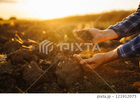 Farm owner checks quality of soil with his hands with tablet and checks fertility before sowing. 121912075