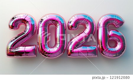 Colorful metallic balloons display the year 2026 in vibrant pink, ideal for celebrations or parties 121912080
