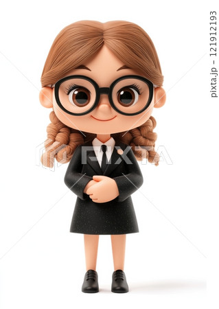 Smiling cartoon character of a young woman with curly hair and glasses wearing a black suit. 3D illustration isolated on white background. Character design for education or business concept. 121912193