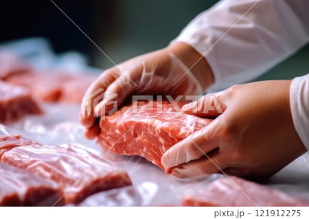 Human hands carefully pack pieces of fresh meat 121912275