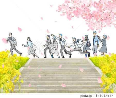 桜の木と菜の花咲く土手沿いを歩く学生男女ー土手に階段ー卒業入学ー縦のベクターイラスト白バック背景素材 121912317