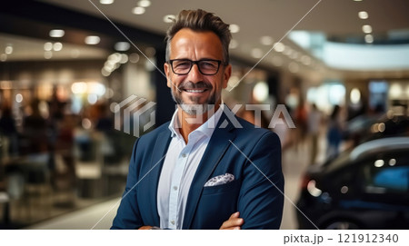Business Leadership: Adult Smiling Representative in Blurry Shopping Center 121912340