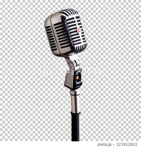 Classic silver microphone on a stand with a sleek design suitable for live performances 121912622