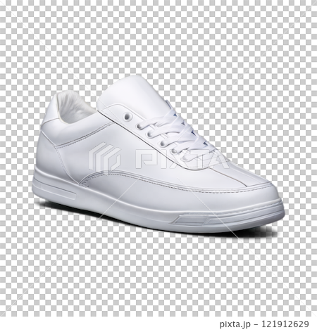 A pair of classic white sneakers displayed from above on a neutral background A pair of classic white sneakers displayed from above on a neutral background 121912629
