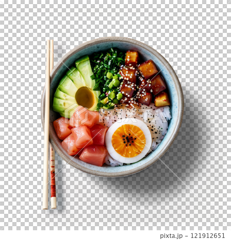 Colorful poke bowl with fresh fish, vegetables, and rice in a turquoise bowl on a white background Colorful poke bowl with fresh fish, vegetables, and rice in a turquoise bowl on a white background 121912651