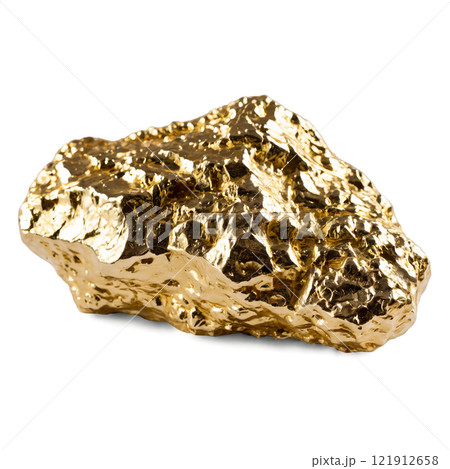 A large golden nugget glistening under soft light with a textured surface on a simple background 121912658