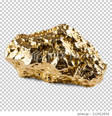 A large golden nugget glistening under soft light with a textured surface on a simple background 121912658