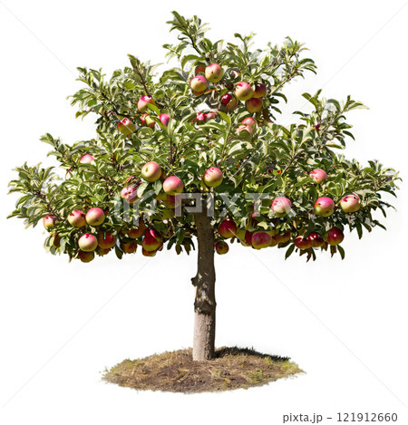 A mature apple tree bearing ripe fruit in late summer sunlight at a scenic garden 121912660