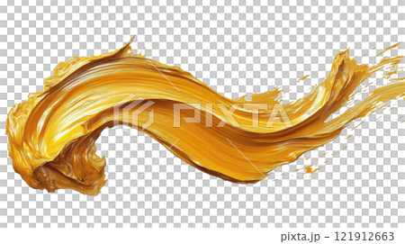 Golden paint stroke on a white background demonstrating texture and artistic expression 121912663