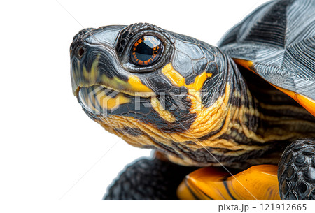 Close-up view of a colorful tortoise showcasing intricate patterns and textures in detail 121912665