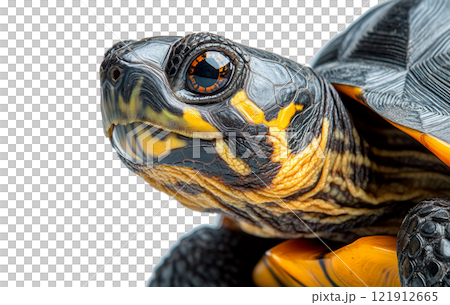 Close-up view of a colorful tortoise showcasing intricate patterns and textures in detail 121912665