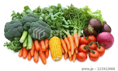 Fresh assortment of vibrant vegetables on a white background showcasing healthy eating choices 121912666