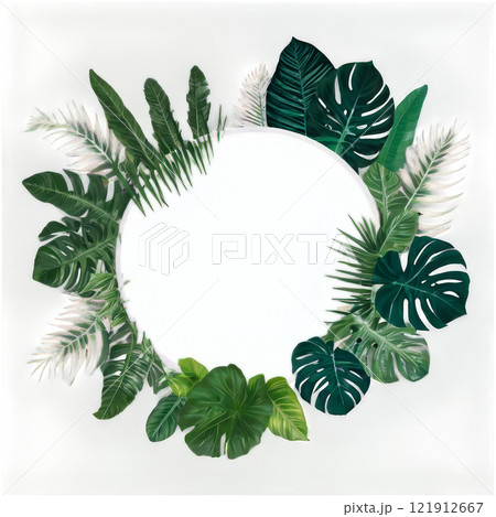 Lush green leaves forming a decorative frame around a blank center on a light background 121912667