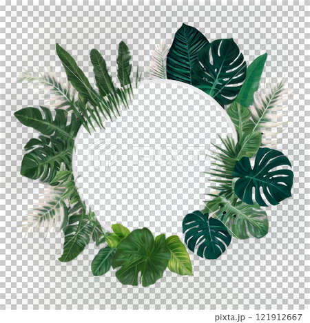 Lush green leaves forming a decorative frame around a blank center on a light background 121912667