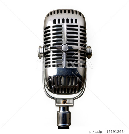 Vintage-style microphone on a stand against a plain background ready for a live performance 121912684