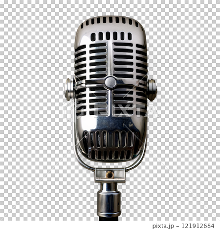 Vintage-style microphone on a stand against a plain background ready for a live performance 121912684
