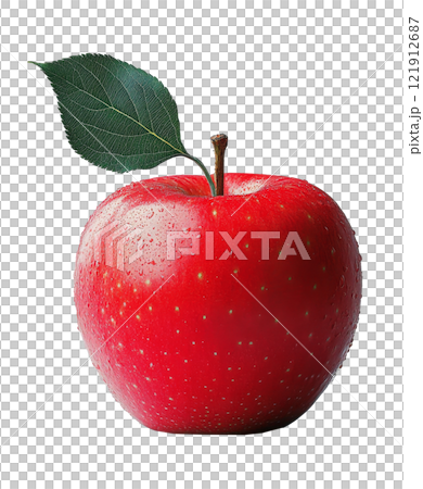 Close-up of a fresh red apple with droplets of water and a green leaf on a grey background 121912687