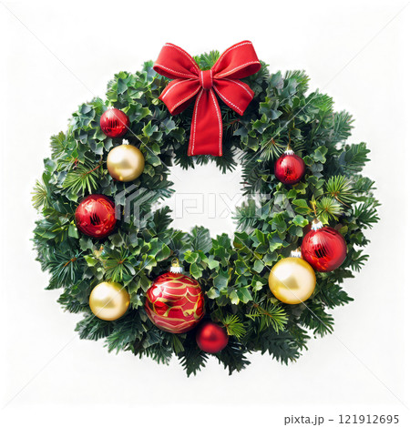 Decorative holiday wreath with red poinsettias and green foliage for seasonal celebration 121912695