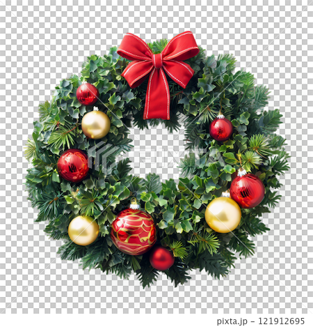 Decorative holiday wreath with red poinsettias and green foliage for seasonal celebration 121912695