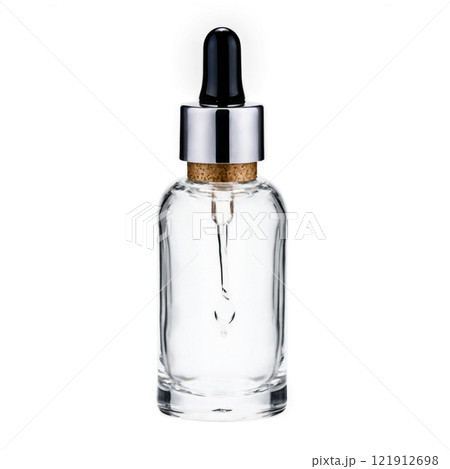 Clear glass dropper bottle with a black cap and wooden cork on a white background 121912698