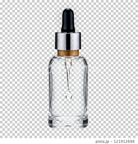 Clear glass dropper bottle with a black cap and wooden cork on a white background 121912698