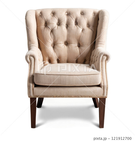 Elegant tufted armchair in light fabric with wooden legs displayed in a bright room 121912700