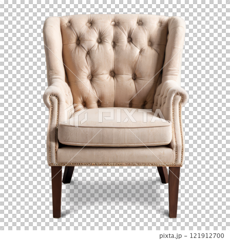 Elegant tufted armchair in light fabric with wooden legs displayed in a bright room 121912700