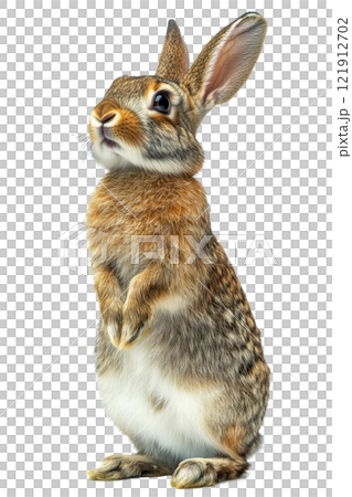 A standing rabbit curiously observing its surroundings in bright indoor lighting 121912702