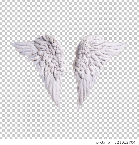 A striking white wing sculpture features numerous detailed feathers 121912704
