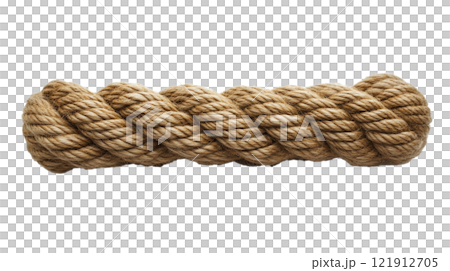 A close-up view of twisted natural fiber rope lying on a plain white background 121912705