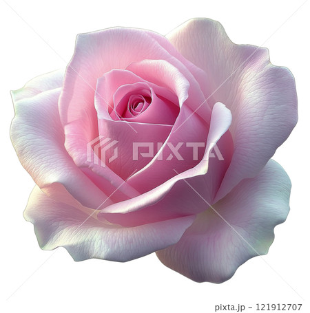 Beautiful pink rose with lush green leaves on a white background in natural light 121912707