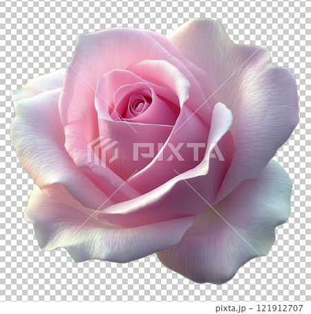 Beautiful pink rose with lush green leaves on a white background in natural light 121912707