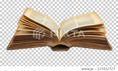 An old, opened book resting on a surface with visible aged pages and dark leather cover An old, opened book resting on a surface with visible aged pages and dark leather cover 121912727