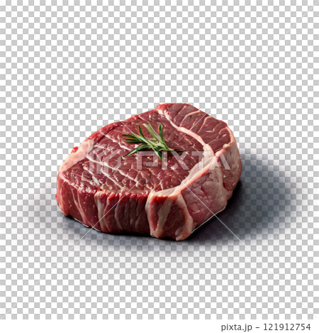 Freshly cut beef steak garnished with herbs on a clean white background 121912754