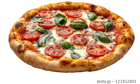 Freshly baked Margherita pizza topped with tomatoes and basil on a rustic wooden table 121912801
