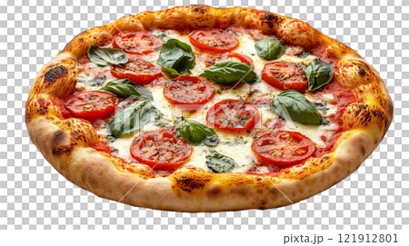 Freshly baked Margherita pizza topped with tomatoes and basil on a rustic wooden table 121912801