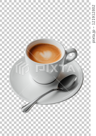 A warm cup of espresso with artistic crema on display in a cozy cafe setting 121912802