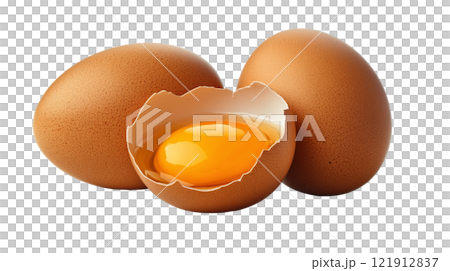 Fresh brown eggs with one cracked open revealing a bright yellow yolk on a white background 121912837
