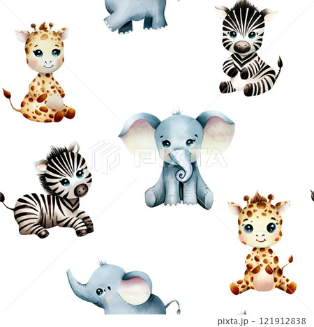 Seamless pattern with cute baby african animals. Giraffes, zebras and elephants. Watercolor hand drawn safari illustrations isolated on background. For designers, postcards, greetings, birthday Seamless pattern with cute baby african animals. Giraffes, zebras and elephants. Watercolor hand drawn safari illustrations isolated on background. For designers, postcards, greetings, birthday 121912838