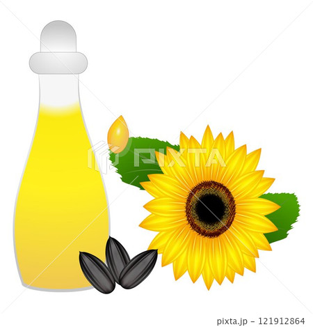 Bottle of sunflower oil and flower seeds. 121912864