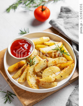 Baked potato wedges with spices, fresh rosemary and tomato sauce on a wooden board Baked potato wedges with spices, fresh rosemary and tomato sauce on a wooden board 121913331