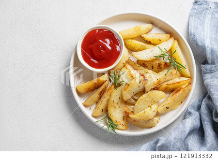Baked potato wedges with spices, fresh rosemary and tomato sauce on a plate on a light background Baked potato wedges with spices, fresh rosemary and tomato sauce on a plate on a light background 121913332