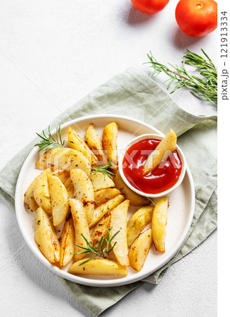 Baked potato wedges with spices, fresh rosemary and tomato sauce on a plate on a light background 121913334
