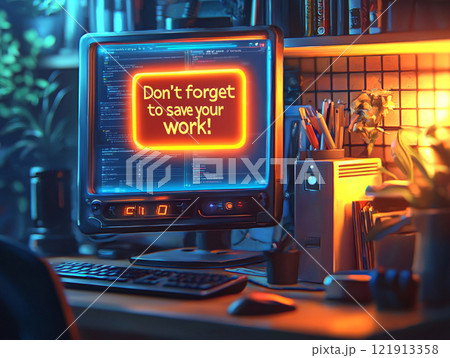 computer screen displays bright pop up reminder urging users save their work. 121913358