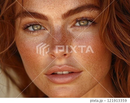 Close up view of woman flawless complexion showcasing makeup emphasizes her natural glow soft warm lighting. Freckles and green eyes add charm. 121913359