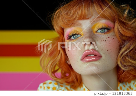 Close up highlights non binary individual striking makeup and daring haircut. blurred background enhances their vibrant features and expression of creativity. 121913363