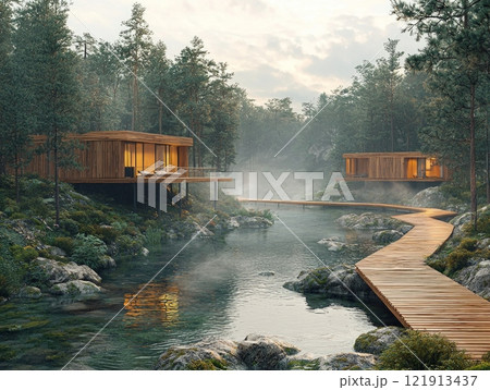 tranquil sanatorium nestled in forest features cozy cabins connected wooden walkways shrouded in morning mist creates soothing atmosphere. 121913437