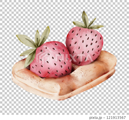 dessert waffle with strawberries, Watercolor illustration dessert waffle with strawberries, Watercolor illustration 121913567