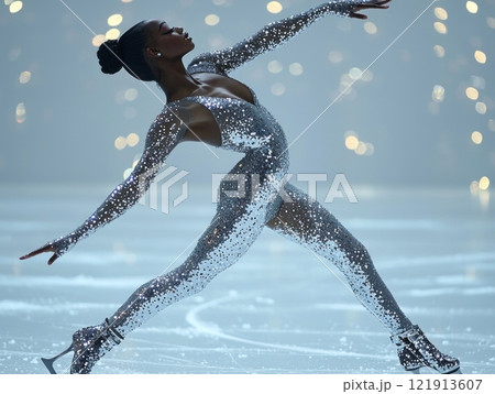 female figure skater elegantly balances in high spiral pose on ice showcasing her sparkling costume while low key lighting casts dramatic shadows emphasizing movement and grace. female figure skater elegantly balances in high spiral pose on ice showcasing her sparkling costume while low key lighting casts dramatic shadows emphasizing movement and grace. 121913607