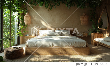 Stylishly designed bedroom features natural wood bed frame organic linen bedding. Sunlight pours in highlighting lush plants and eco friendly decor enhance serene atmosphere. 121913627
